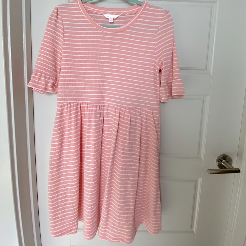 Pink white striped ribbed knit ruffle babydoll dress S Barbie Cottagecore